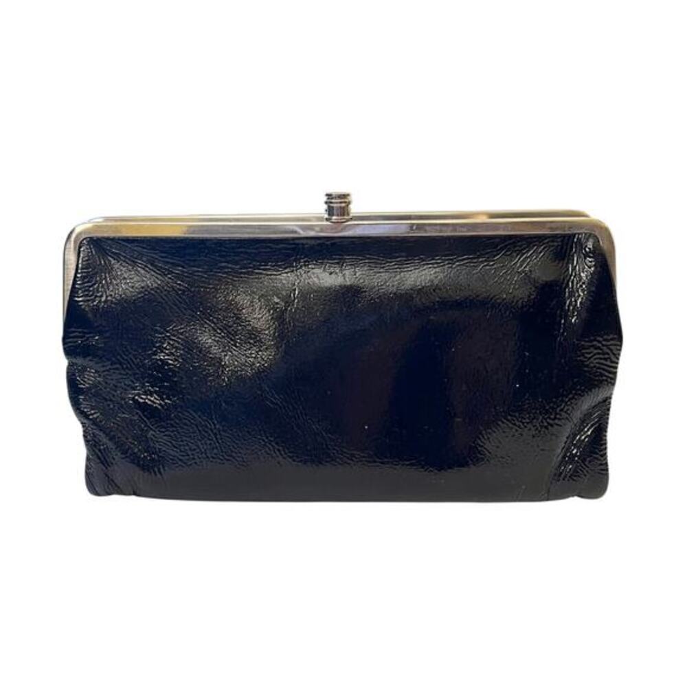 HOBO Lauren Black Crinkle Patent Leather Double-Frame Wallet Clutch Purse